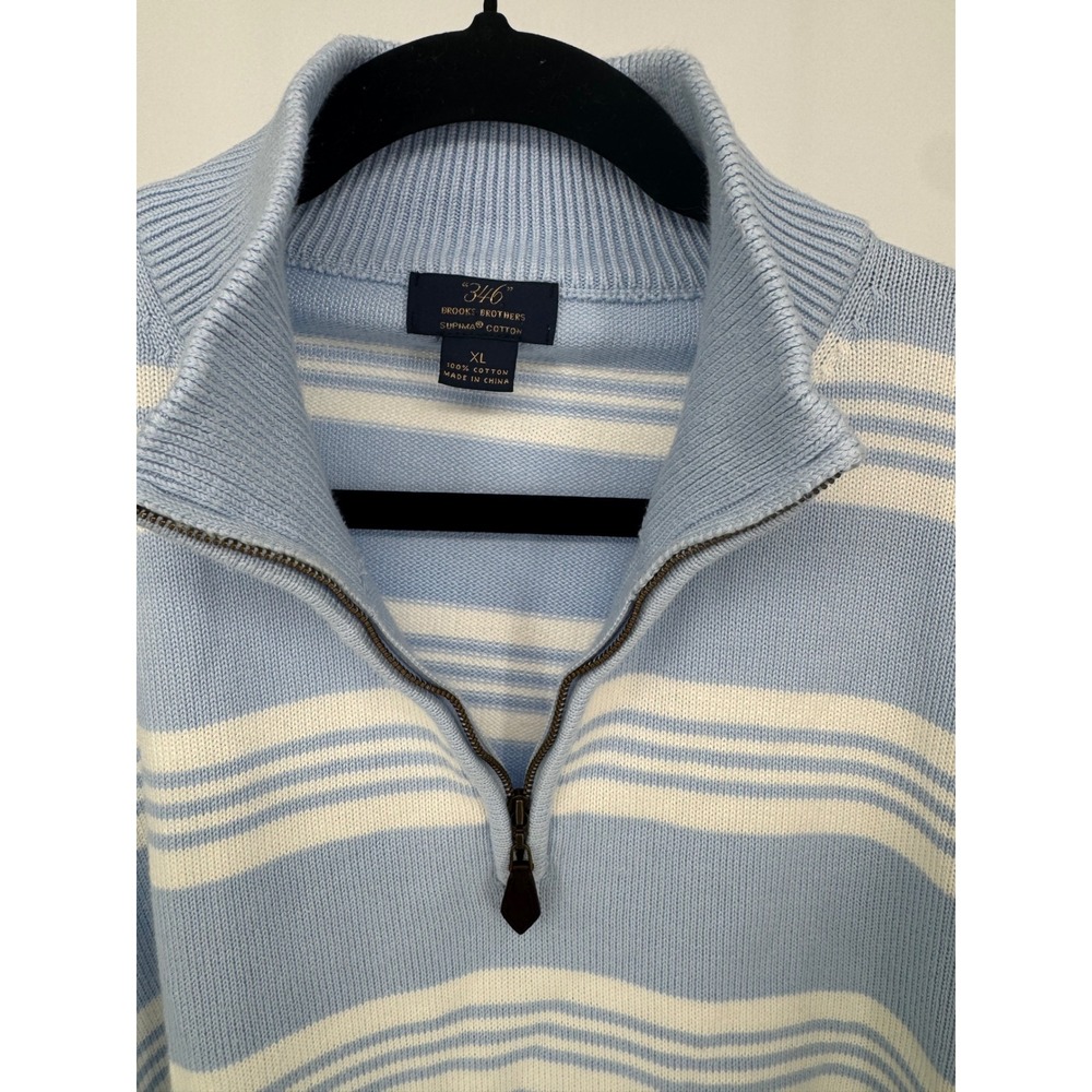 Brooks Brothers Mens Pullover Sweater Light Blue White Stripe 1/4 Zip Cotton XL